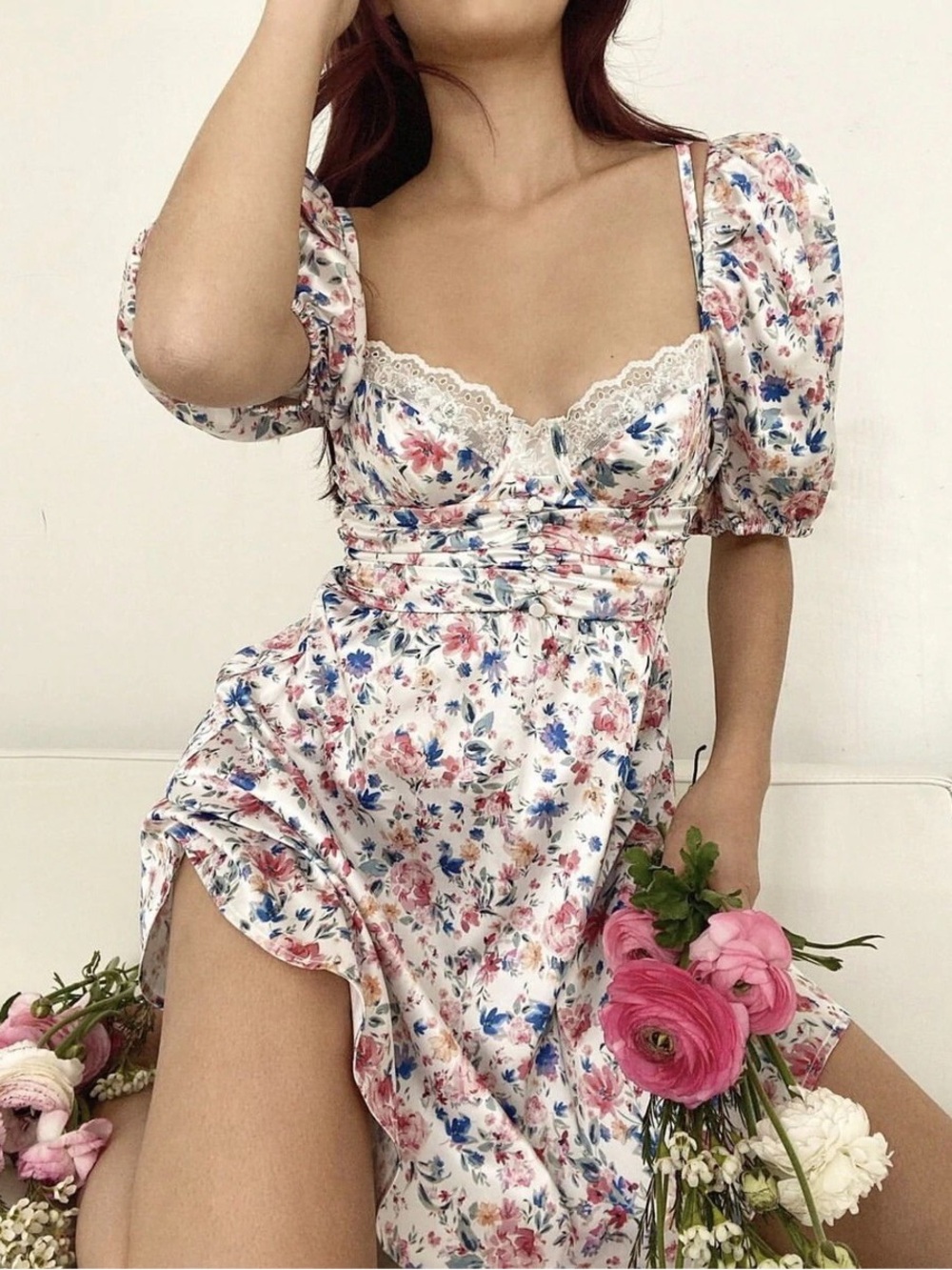 For Love and Lemons Juliet Floral Puff Sleeve Mini Dress Satin Size Small